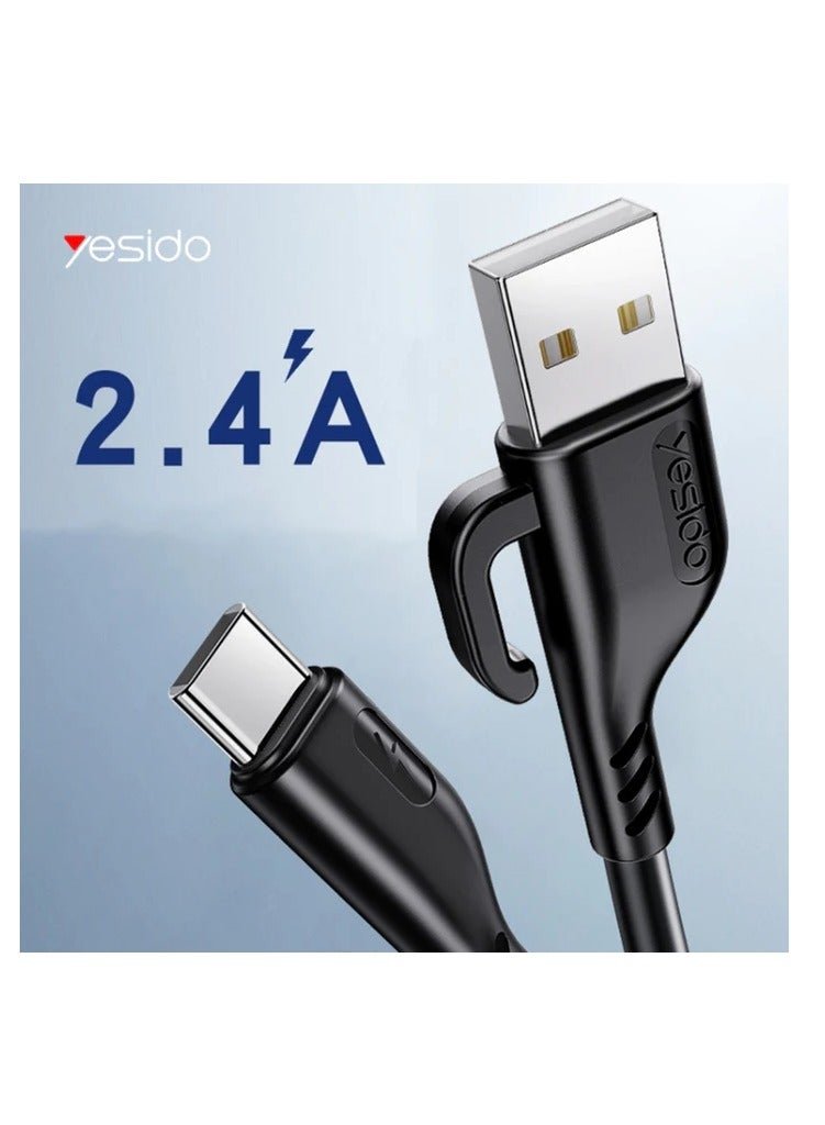 CA105 كابل شحن بيانات عالي الجودة USB-A إلى USB-C (نوع C) مع هوك 2.4A، 120 سم - أسود